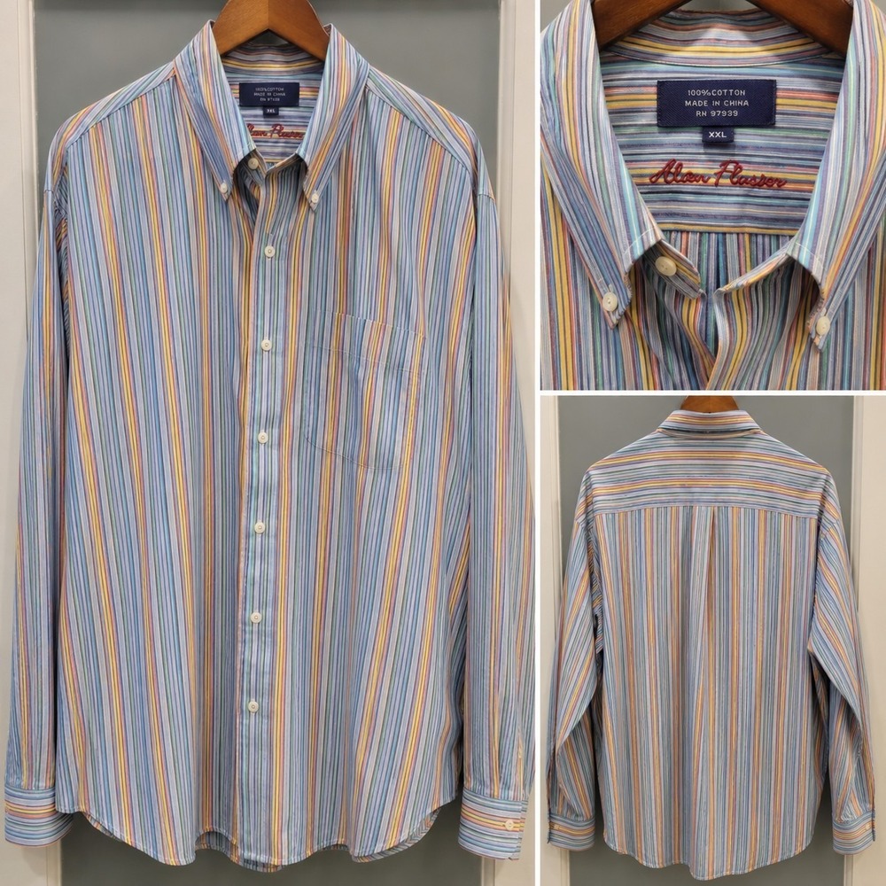 Alan Flusser Button Down Shirt Men's XXL Multicolor Stripe 100% Cotton Long...
